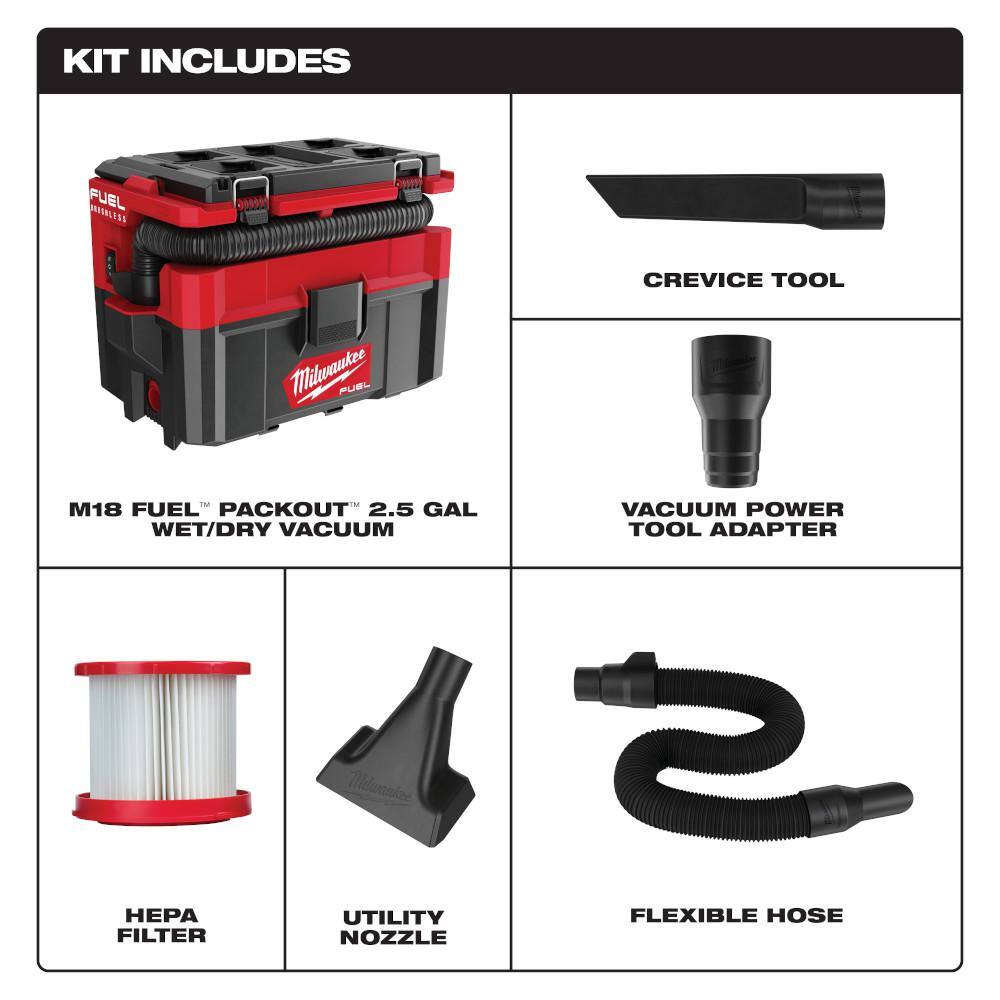 Milwaukee M18 FUEL PACKOUT 18-Volt Lithium-Ion Cordless 2.5 Gal. Wet/Dry Vacuum with AIR-TIP Crevice Tool and Utility Nozzle Kit