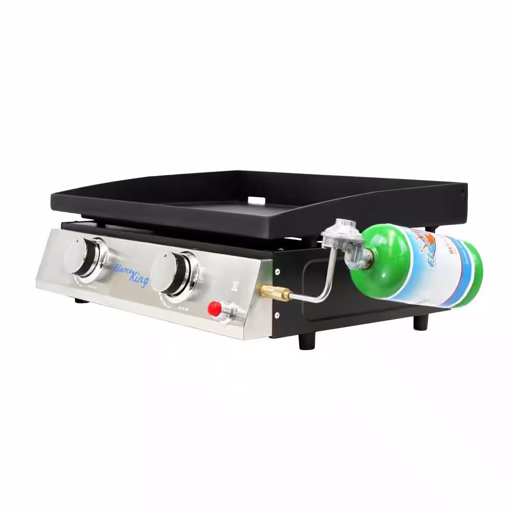 Flame King 2-Burner Propane Tabletop, Heavy Duty Flat Top Cast Iron Outdoor Griddle Grill