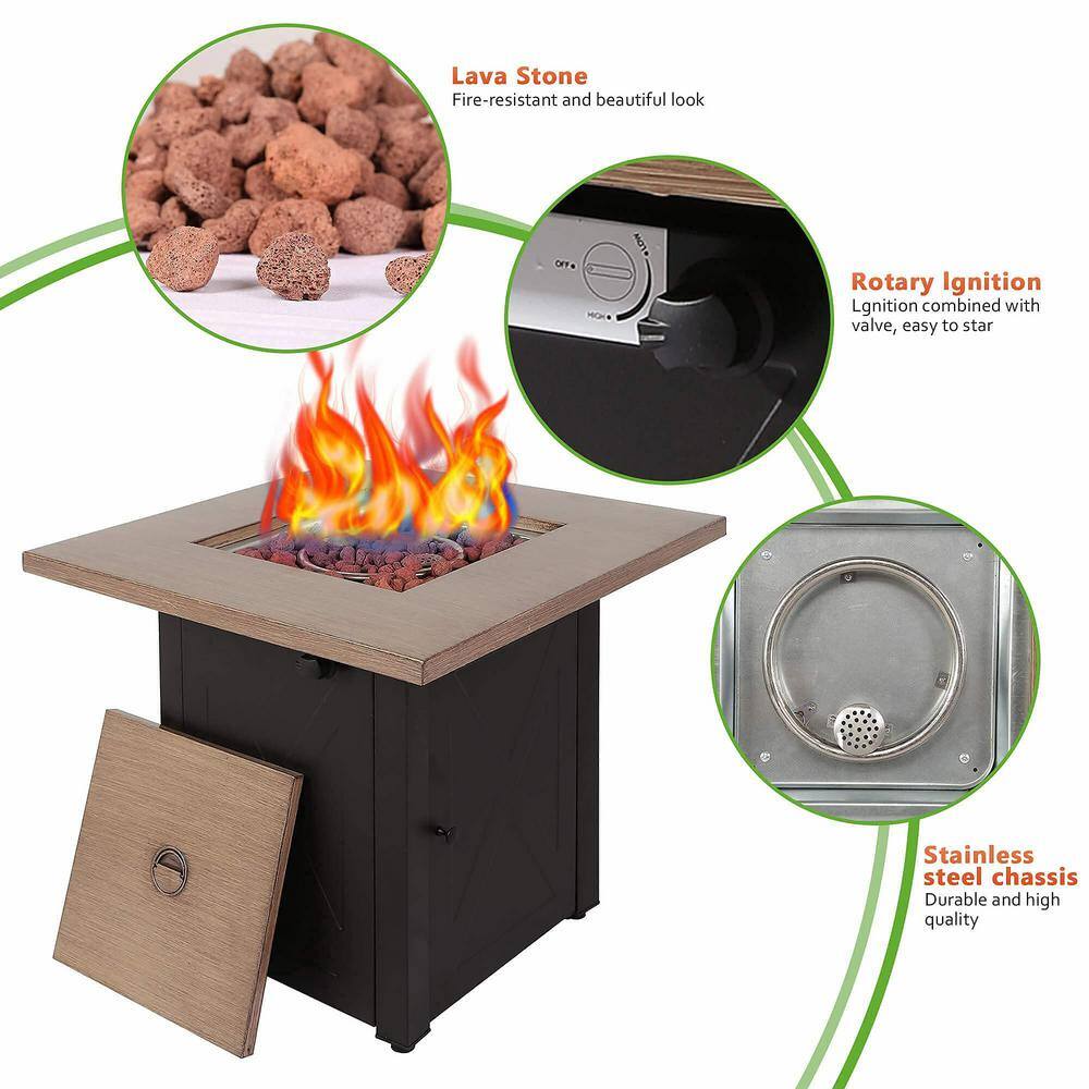 None 28inch, 48,000 BTU, Square Outdoor Gas Fire Pit Table With Bionic Wood Grain Lid