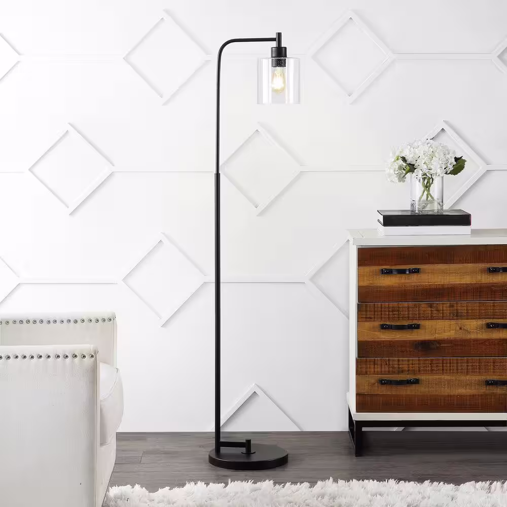 JONATHAN Y Axel Modern 60 in. Black Iron/Seeded Glass Farmhouse Industrial LED Floor Lamp